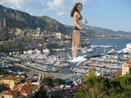 giantess collage city brunette wonderslug mountains looking_at_viewer kelly_brook harbor holding_boats