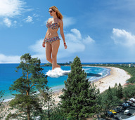 giantess collage swimsuit beach ocean wonderslug shrunken_people sand sky trees kelly_brook wading beach_goers