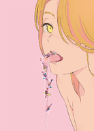 drawing giantess nude blonde color long_hair tongue saliva yellow_eyes face freckles looking_at_viewer mebae swimmers kayak paddles