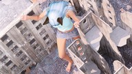 giantess city barefoot shrunken_men running looking_down cat_girl raised_foot between_buildings imminent_crush tiny_mk downward_angle looking_at_tiny digital_render