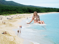 giantess collage small_man blonde beach ocean wet wonderslug sitting hand sand trees hillside beach_goers katy_hill