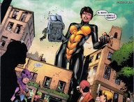breasts drawing giantess city mega color destruction handheld buildings brunette superhero short_hair hawkeye costume dialogue arrows captain_america janet_van_dyne marvel_comics armored_truck the_wasp quiver wrecking_crew