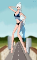 breasts drawing giantess white_hair crush city mega color long_hair swimsuit blue_eyes barefoot cleavage buildings domination ponytail ginormica shrunken_men foot_crush shrunken_woman highway pinned under_foot pedicure monsters_vs_aliens hands_on_hips skinny susan_murphy dreamworks
