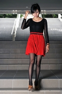 collage shoes dress short_hair shrunken_men nylons looking_down dangle steps hanging_on malaygiantess looking_at_tiny