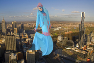 giantess collage clothed dress looking_down skyscraper river clouds sky covered malaygiantess hijab