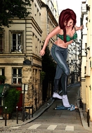 drawing giantess city cleavage domination socks red_hair shrunken_men belly pinned under_foot alley between_buildings squeezemeflat looking_at_tiny