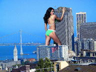 giantess collage city mega black_hair butt swimsuit bridge destruction ocean buildings wonderslug skyscraper behind_view vandalism