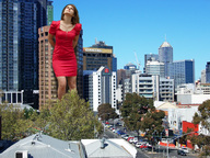 giantess collage city buildings brunette wonderslug dress looking_up