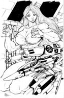 drawing giantess comic monochrome cleavage macross muscles looking_down hangar zentradei spacecraft_hangar