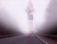 giantess collage blonde high_heels huge_breasts highway standing truck looking_at_viewer hazy
