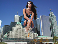 giantess collage city destruction low_angle wonderslug dress sitting skyscrapers looking_at_viewer