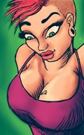 drawing cleavage green_eyes short_hair shrunken_character peterparkerlawl shaved_hair looking_at_tiny