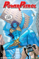 mega comic cleavage buildings helicopter blue_hair low_angle muscles blue_skin looking_down sky point_of_view giantessfan