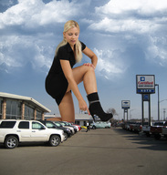 collage blonde cars wonderslug boots kneeling legs looking_down clouds sky parking_lot pointing jenni_czech crushed_car