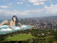 giantess collage city cleavage ocean buildings wonderslug waves skyscrapers sky looking_at_viewer