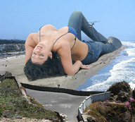 breasts giantess collage black_hair clothed beach cleavage helicopter jeans wonderslug lying_down sand clothing denise_milani beach_goers