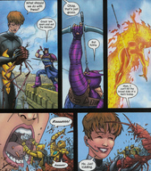 breasts giantess vore manga city mega comic color tongue teeth brunette hawkeye avengers bow costume belt dialogue arrows janet_van_dyne marvel_comics the_wasp quiver