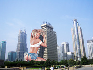 giantess collage city blonde buildings wonderslug short_hair kneeling back tattoo looking_at_viewer