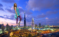 giantess city clothed high_heels brunette low_angle smiling burj_khalifa skyscrapers sky clothing adriana_lima lights looking_at_viewer evening city_lights giantesscity