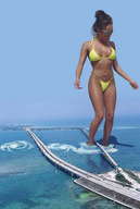 breasts giantess collage mega swimsuit bridge water ocean brunette wonderslug sunglasses wading hair_bun