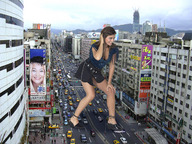 giantess collage city traffic brunette smiling wonderslug streets under_foot between_buildings car_crush