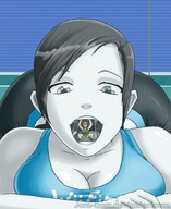 drawing giantess black_hair color large_breasts tongue mouth cleavage saliva shrunken_men nintendo looking_down large_butt indoors grey_hair grey_eyes imminent_vore jora-bora wii_fit_trainer pale_skin link_(the_legend_of_zelda) super_smash_bros. super_smash_bros._4