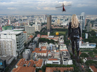 giantess collage blonde helicopter unknown_artist walking streets latex catsuit behind_view