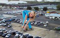 giantess collage blonde high_heels wonderslug hand bending_over vehicles under_foot parking_lot looking_at_viewer blue_outfit holly_mcguire car_crush