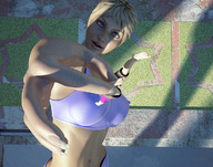 giantess blonde aileron smiling short_hair belly athletic between_fingers grey_eyes yoga above_view looking_at_partner digital_render