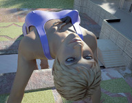 blonde aileron smiling short_hair looking_up athletic grey_eyes yoga digital_render between_breasts