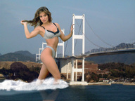 giantess collage swimsuit bridge water brunette wonderslug looking_at_viewer wading