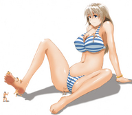 drawing giantess feet swimsuit blue_eyes small_men barefoot cleavage climbing huge_breasts brunette shrunken_men sitting body_exploration panty_entrapment bikuta between_breasts