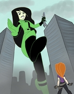 drawing giantess city mega black_hair color long_hair clothed handheld gloves red_hair foot_crush kim_possible shego disney belt holding_airplane