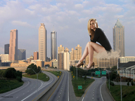 giantess collage city blonde high_heels sitting legs skyscraper highway clouds sky looking_at_viewer yvonne_strahovski sitting_on_building lala222221