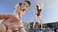 breasts giantess collage vore mega cleavage buildings lingerie hand open_mouth giantesses dangle parking_lot between_fingers point_of_view hands_on_hips marcrtr looking_at_tiny