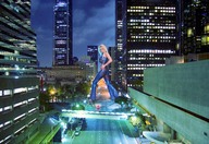 giantess collage blonde clothed high_heels buildings wonderslug walking streets vehicles clothing looking_at_viewer evening city_lights