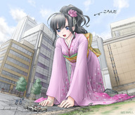 drawing giantess city clothed buildings low_angle kneeling hand shrunken_people streets sky clothing eichikei crushed_car