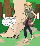 breasts drawing blonde color blue_eyes barefoot skirt tree ponytail foot_crush shrunken_man forest captions belt headband viking how_to_train_your_dragon astrid dreamworks
