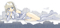 drawing city blonde color handheld gloves torajimaneko lying_down boots skyscrapers looking_at_viewer