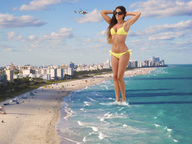 giantess collage swimsuit beach ocean buildings helicopter wonderslug waves sunglasses sand beach_goers claudia_romani