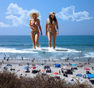 breasts giantess collage mega blonde swimsuit beach ocean brunette wonderslug sand giantesses clouds sky wading swimmers sunbathers beach_goers hats bianca_gascoigne charlotte_mears