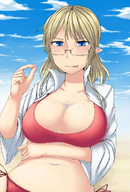 breasts drawing micro blue_eyes cleavage water glasses swimming sky between_fingers licking_lips shrunken_character imminent_vore