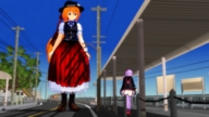 giantess clothed purple_hair dress boots shrunken_woman looking_down streets hat orange_hair sidewalk looking_at_tiny digital_render