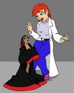 drawing size_difference color blue_eyes red_hair unknown_artist shrunken_woman looking_down red_lips lab_coat