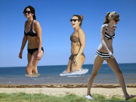 collage swimsuit multiple_giantesses water ocean wet brunette ponytail walking sunglasses giantesses red_lips tattoo joe117