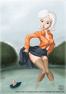 breasts drawing giantess white_hair panties mega color large_breasts blue_eyes cleavage skirt water ginormica short_hair bondage callmepo nylons fishing lake boats captured thighs outdoors monsters_vs_aliens shirt pond lifting_skirt wading looking_at_tiny bare_legs dreamworks fishing_rod