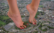 collage city mega destruction toes barefoot wet unknown_artist pedicure red_nails trees giantess_feet