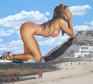 giantess collage swimsuit high_heels buildings wonderslug shrunken_people sand clouds sky side_view hill rocky_beach