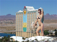 giantess collage swimsuit destruction cleavage buildings brunette wonderslug short_hair sunglasses mountains looking_at_viewer damage