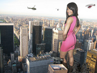 giantess collage city destruction helicopter smiling wonderslug dark_skin skyscrapers aerial_view looking_back looking_at_viewer ciara